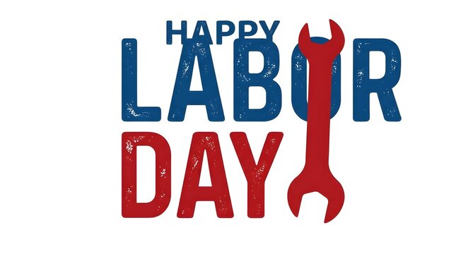 Happy labor day typography with red wrench isolated on white background