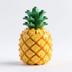 Fototapeta premium Pineapple constructed from yellow and green Lego pieces in meticulous details, set against a pristine white isolated background, exhibiting technical precision and digital polish.