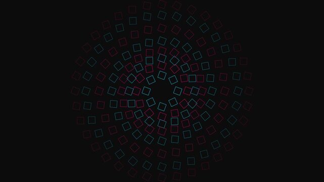 Symmetrical rotating mandala patterns with blue and red diamond outlines on black background