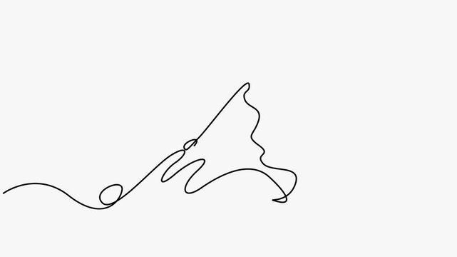 Continuous single line art animation of mountain landscape and rising sun on a white background