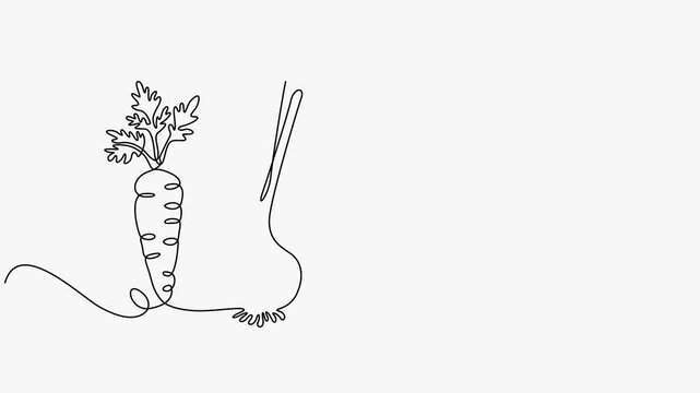 Continuous single line art drawing animation of fresh vegetables on a white background
