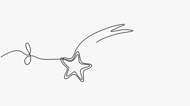 Continuous single line art drawing animation of a shooting star on a white background