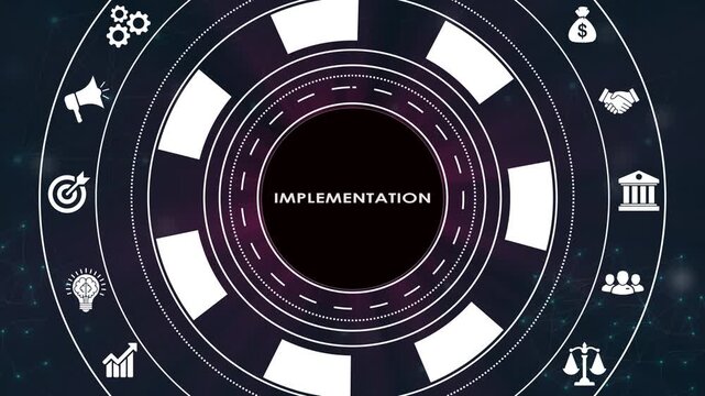 Business implementation concept design with digital motion graphics and icons.