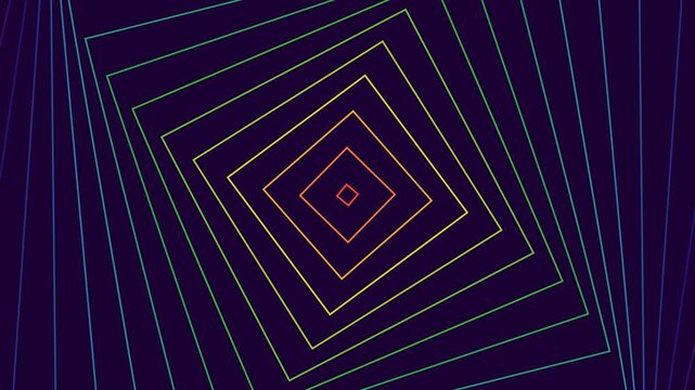 Vibrant neon concentric squares rotating and warping in a psychedelic geometric pattern