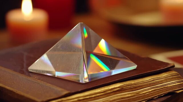 Crystal pyramid prism resting on stacked vintage books with glowing candlelight dispersion, rainbow highlights, warm amber reflections, textured leather cover, and quiet study mood