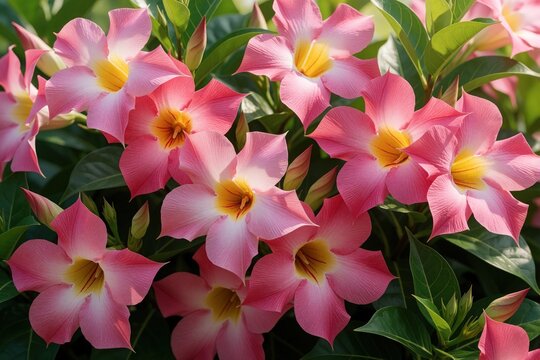 Bright pink Mandevilla flowers with yellow centers bloom in summer garden. Green leaves surround delicate rocktrumpet blossoms under sun. Beautiful tropical vine plants grow outdoors in park