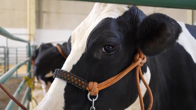 close up of a cow eye wearing a show halter at a livestock exhibition. Cattle breeding, animal judging, agricultural tradition, livestock industry and rural culture