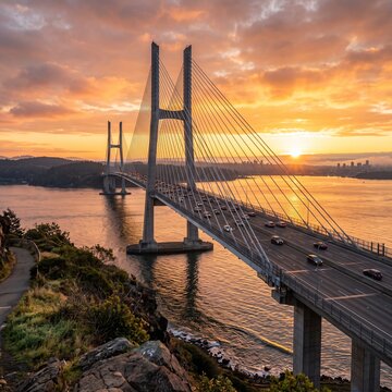 Suspension bridge over river at sunset
