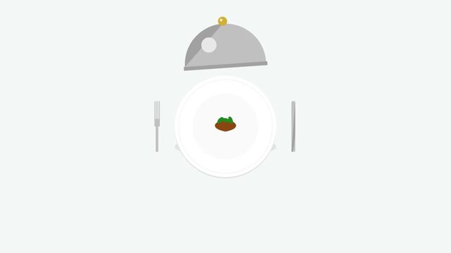 Flat design animation of a silver cloche revealing food on a plate