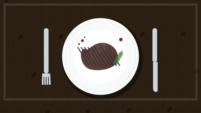 Flat Lay Illustration of Grilled Steak on White Plate