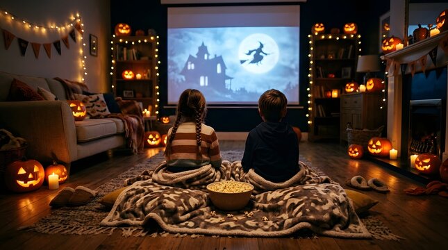 Children watching a halloween movie in a cozy living room