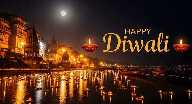 Happy diwali greeting card featuring traditional oil lamps glowing by the river at night with festive temple lights