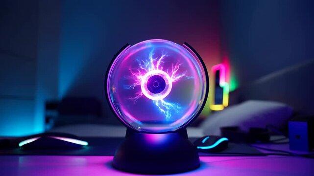 Plasma globe on desk with pulsing purple and blue electric filaments in neon lit bedroom, glowing sphere casting vivid reflections across dark gaming setup and soft ambient background