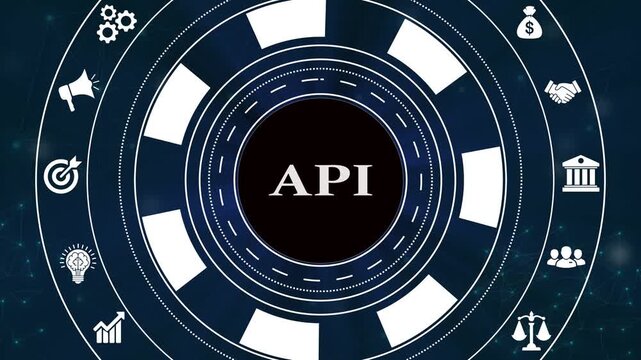 Api technology integration concept motion graphics with digital icons rotating.