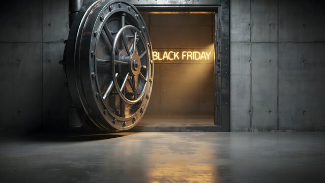 Open bank vault door revealing a glowing neon black friday sign inside a dark concrete room, symbolizing exclusive deals and savings