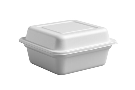 Closed white foam takeout food container isolated on transparent background