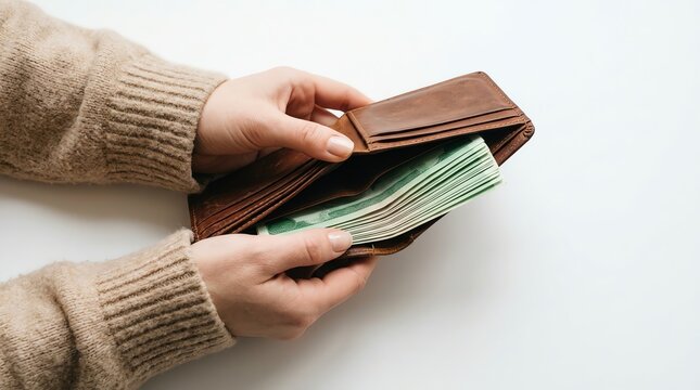 Hands holding a brown leather wallet overflowing with cash, close-up shot with white background