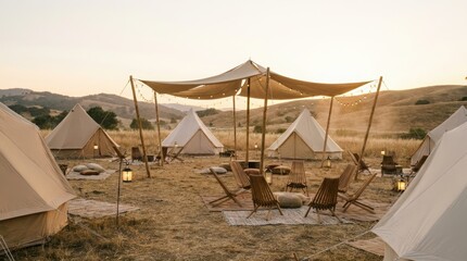 Naklejka premium Luxury glamping site with canvas bell tents in open field. Outdoor camping retreat for eco tourism and nature recreation. Travel destination for wilderness adventure and relaxation.