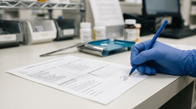 Pharmaceutical controlled-storage count paused briefly while a technician verifies a lot number.