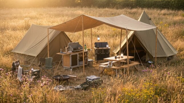 Off-grid temporary camp with canvas tents and outdoor kitchen in field at sunset. Sustainable wilderness lifestyle and travel adventure. Glamping setup in nature for camping vacation.