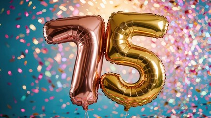 Obraz premium Shiny gold and rose balloons shaped like number 75 float against vibrant confetti background with light reflections. Festive decoration for parties and anniversaries.