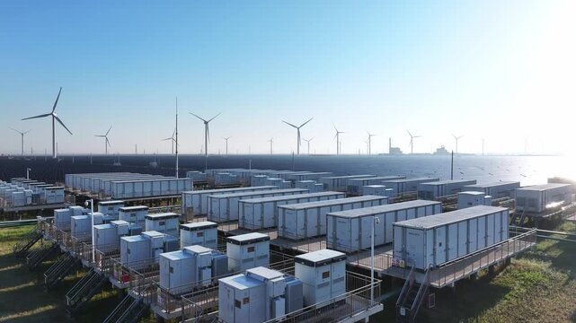 Offshore wind farm with energy storage container arrays and wind turbine units under clear blue sky