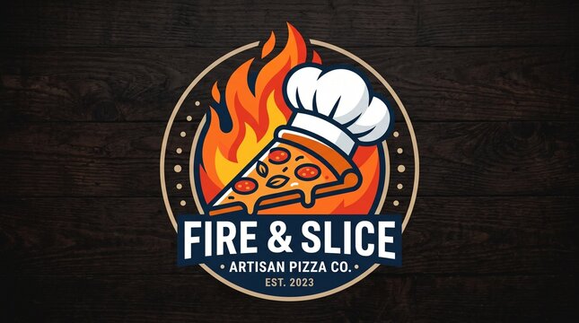 Artisan Pizza Slice Logo Featuring Chef Hat and Hot Fire Graphic for Restaurant Branding and Bakery Style Design