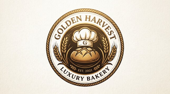 Elegant circular luxury bakery emblem design with a baker's toque, artisan bread, and golden wheat, ideal for high-quality gourmet food branding