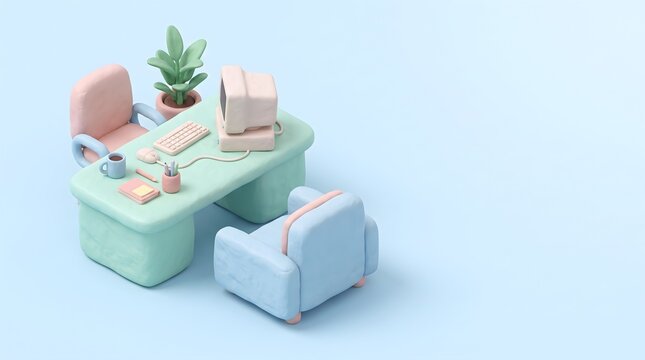 Claymation isometric office workspace with retro computer and desk
