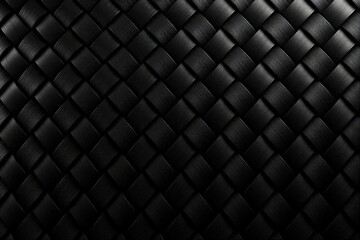 Naklejka premium Black carbon fiber texture with woven pattern design. Dark abstract surface backdrop features diagonal interlaced lines. Modern industrial material with metallic gloss finish creates geometric