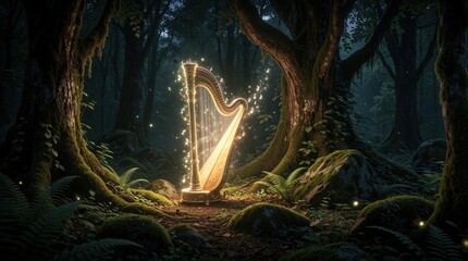 Fototapeta premium Golden musical harp glows bright in dark mystical forest at night. Magical light sparkles around strings in mossy woods. Ethereal fantasy instrument stands among old trees under stars. Serene