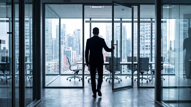 Man entering modern office with city view