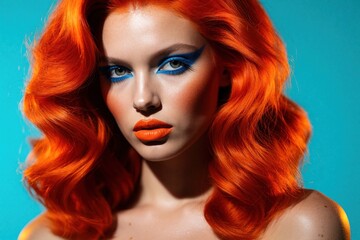 Obraz premium Young woman with bright orange hair, blue eyeliner look at camera. Pro fashion model wears vibrant makeup in studio. Bright contrast portrait features colorful hair style, bold beauty aesthetic.