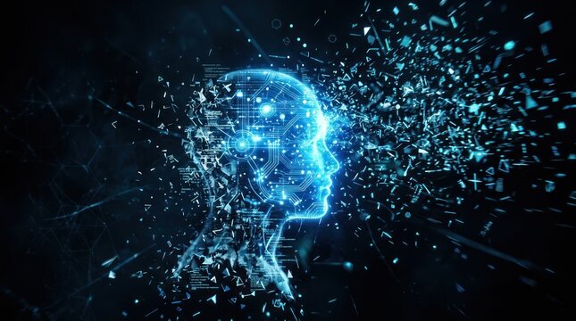 Futuristic digital mindscape with glowing particles exploding from a human silhouette, symbolizing artificial intelligence, knowledge expansion, and advanced technological thought processes