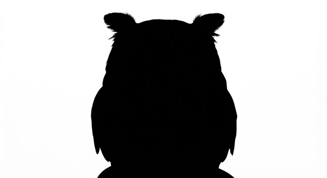 Minimalist solid black vector silhouette of a horned owl facing forward, isolated on a clean white background for graphic design and stock illustration use.