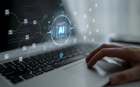 An AI-powered system for automating data workflows. The central intelligence processes and distributes information, managing complex data pipelines as shown by the surrounding code. Fermion