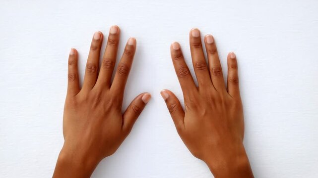hands resting on a smooth white surface in a neutral top-down perspective with clean copy space for commercial product display use cases, featuring skin tone and white colors.