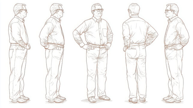 Man turnaround character model sheet showing full body poses from multiple angles.