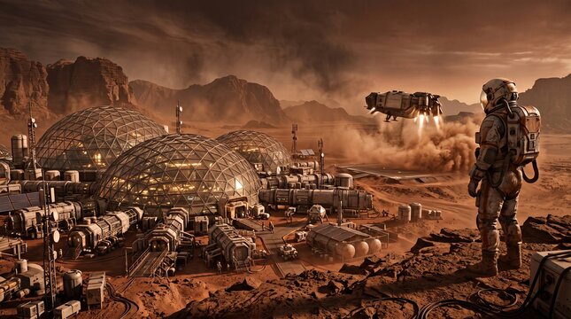 Astronaut observing spacecraft landing on mars base
