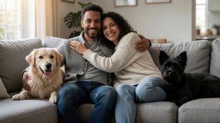 Plakat Happy couple sits on sofa at home with two dogs. Smiling man, woman hug relaxing on couch. Cute golden retriever, black terrier rest with owners in living room. Joyful pair enjoy weekend lifestyle