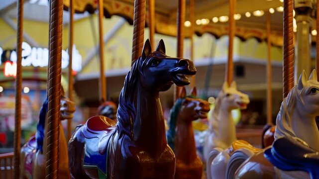 Glossy carousel horse head at eye level on twisted brass pole inside warm fairground canopy with soft bokeh lights, painted wood grain, nostalgic amusement decor