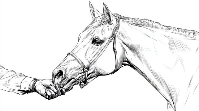 Hand Feeding White Horse in Black and White Sketch Illustration