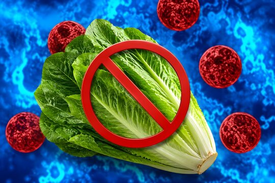 Cyclospora Food Safety Alert with Romaine Lettuce and Red Prohibition Sign on Medical Blue Background