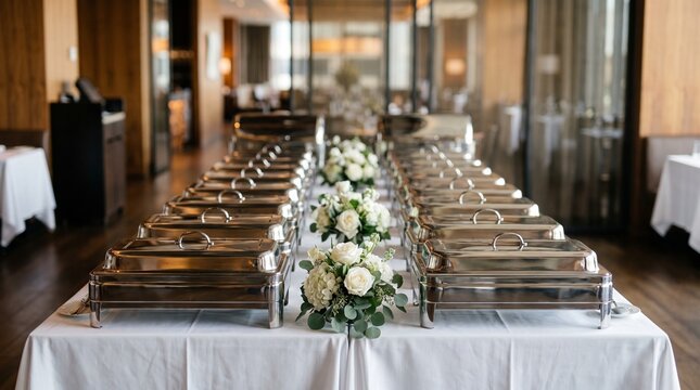 Long buffet table with silver chafing dishes and floral decorations set up for a formal dining event