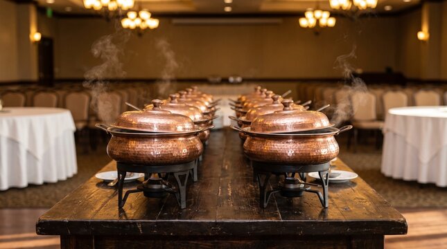 Copper chafing dishes with food warmers set up for a buffet dinner in an elegant hotel banquet hall