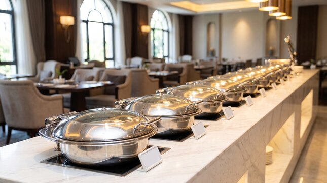 Shiny metal food warmers arranged in a line on a buffet table in a modern restaurant dining room area