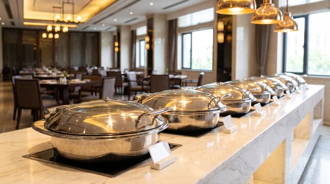 Shiny metal food chafing dishes on a buffet table in a modern hotel restaurant with warm lighting