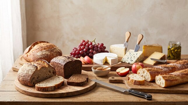 Fresh bread loaves with cheese grapes and honey on a rustic wooden table in a bright kitchen setting