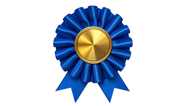 Blue ribbon rosette with central gold disc, on a black background
