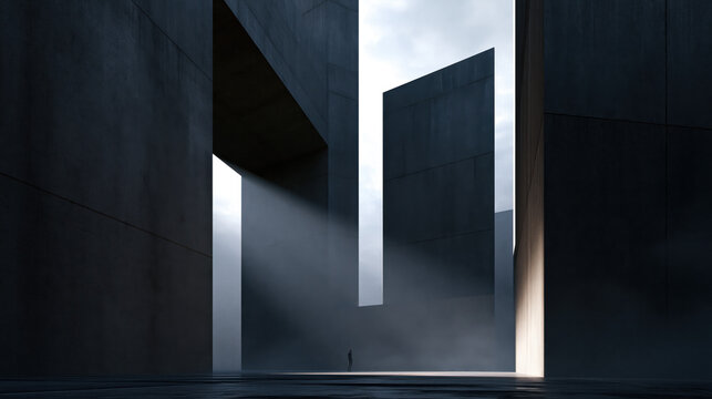colossal brutalist megastructure with tiny human silhouette beneath dramatic foggy sky